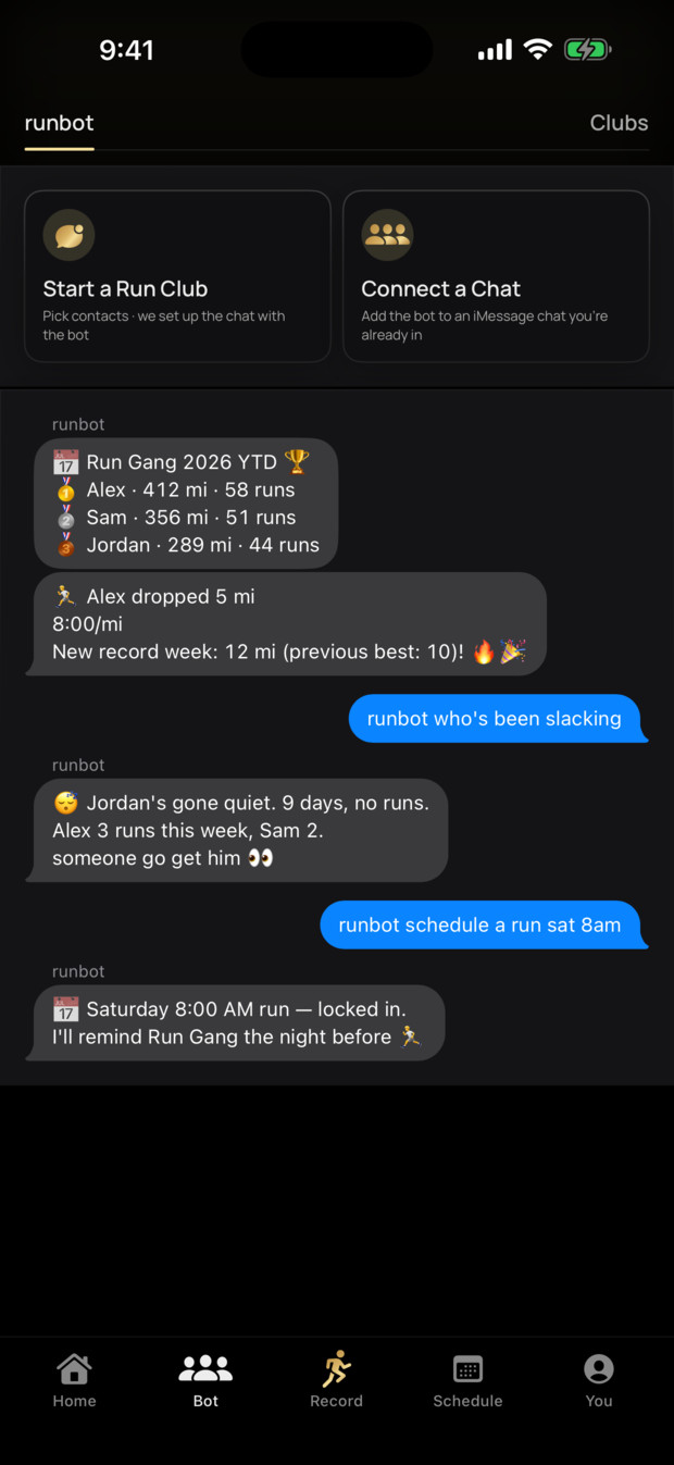 The runbot tab in the Fyt app showing the club leaderboard, a record-week callout, and a Saturday run scheduled by chat