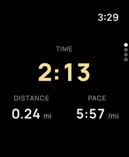 The Fyt Apple Watch recorder showing elapsed time, distance, and pace in gold on black